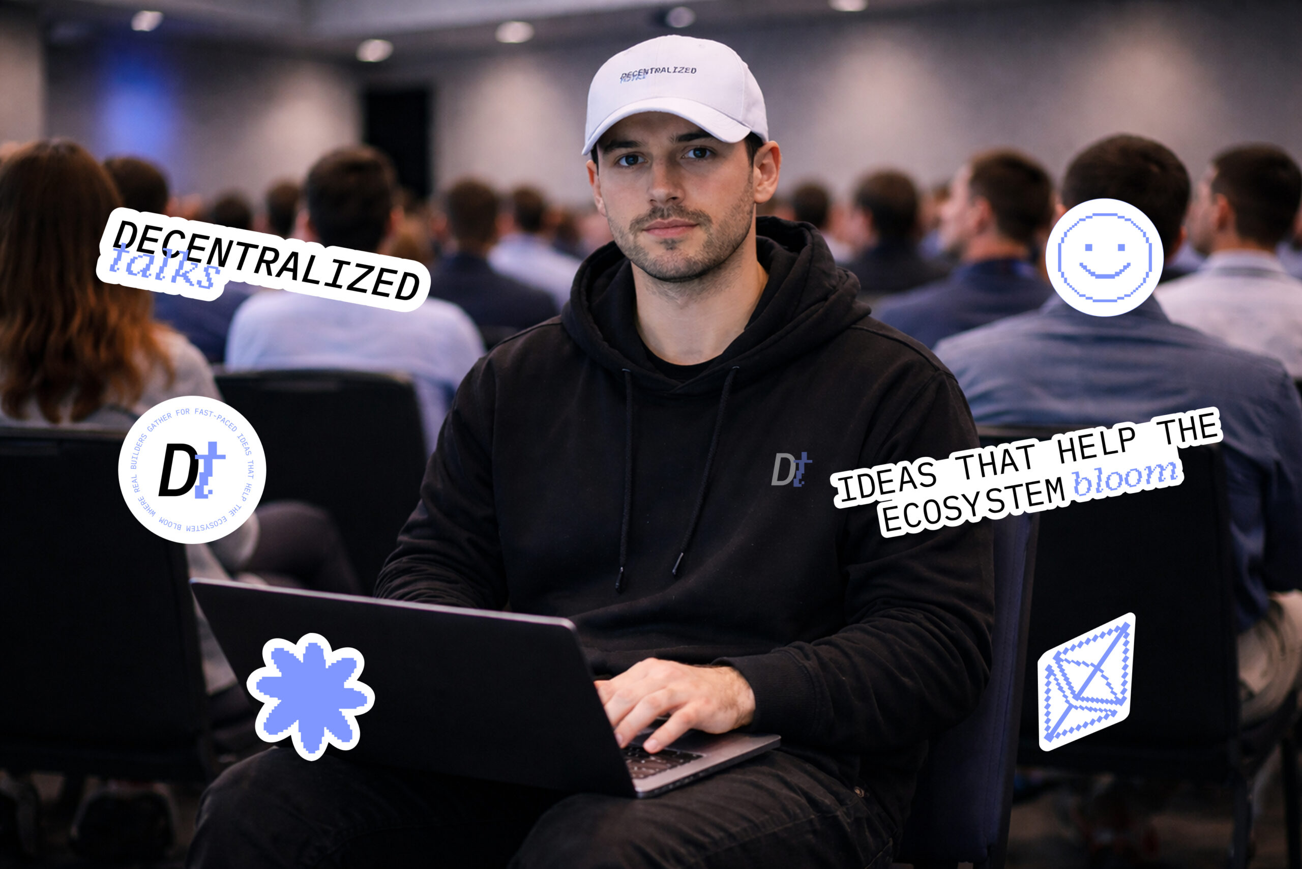 Decentralized Talks — attendee photo with brand stickers