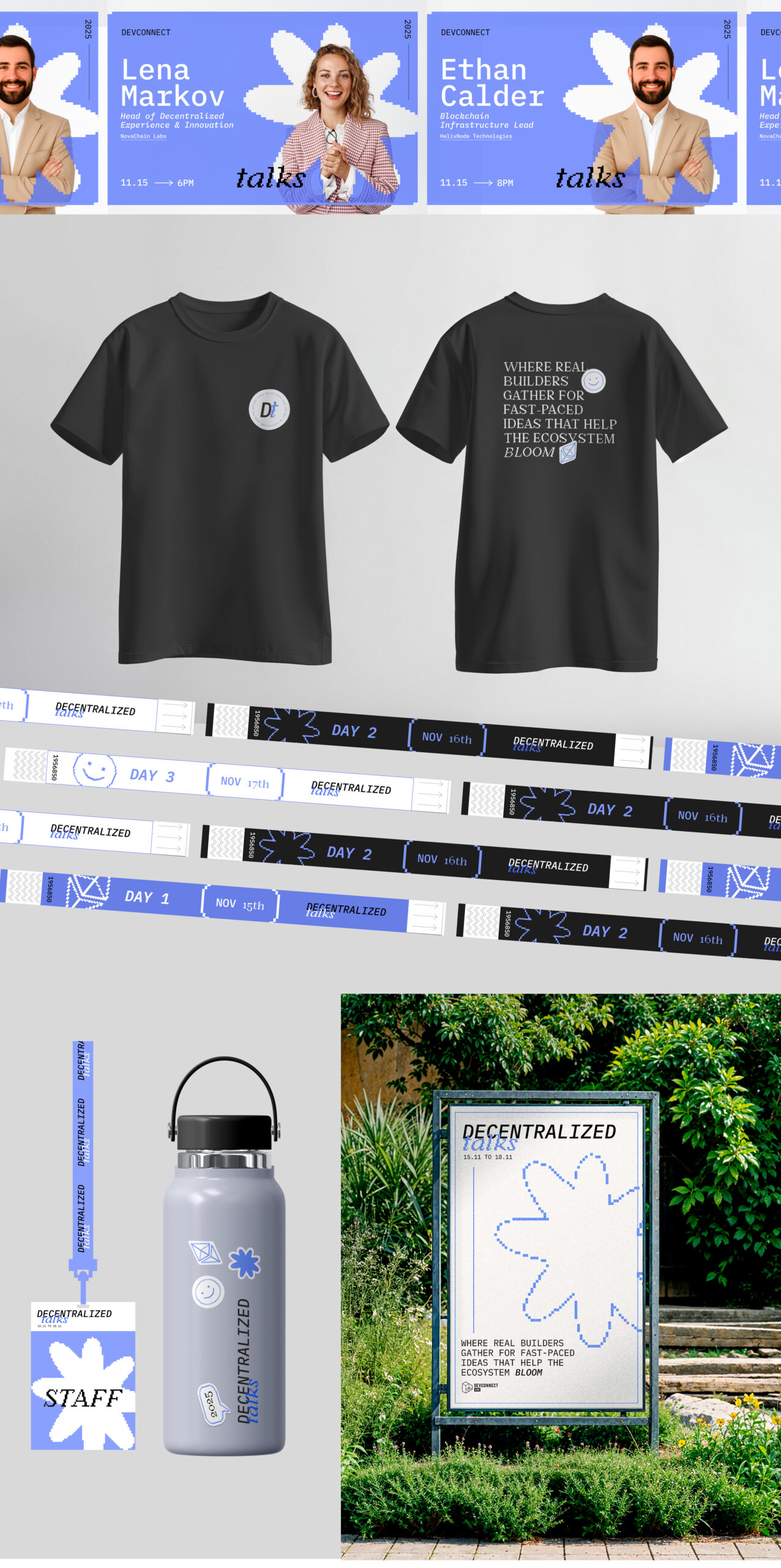 Decentralized Talks — speaker cards, T-shirts, lanyards and merch