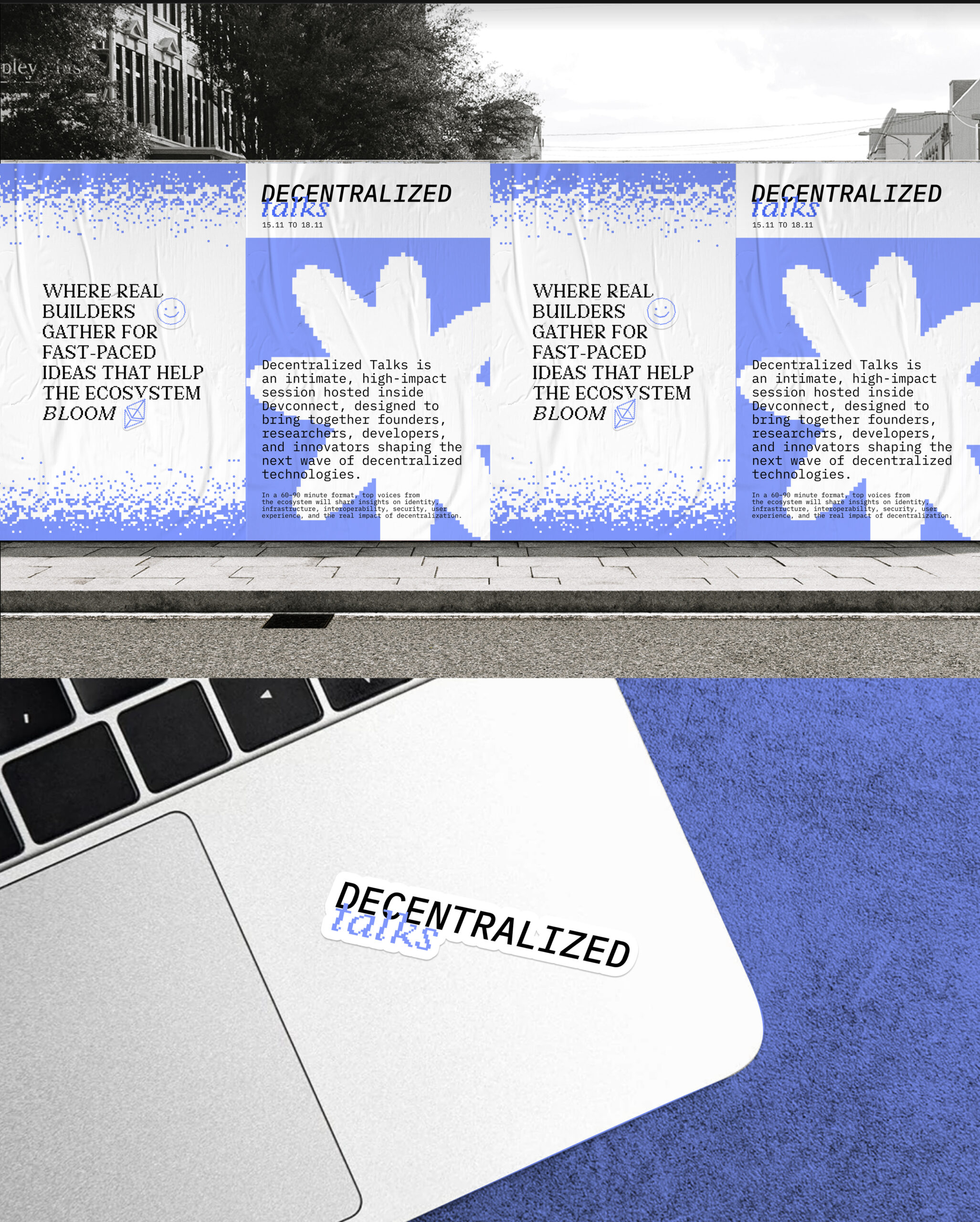 Decentralized Talks — street billboard and laptop sticker