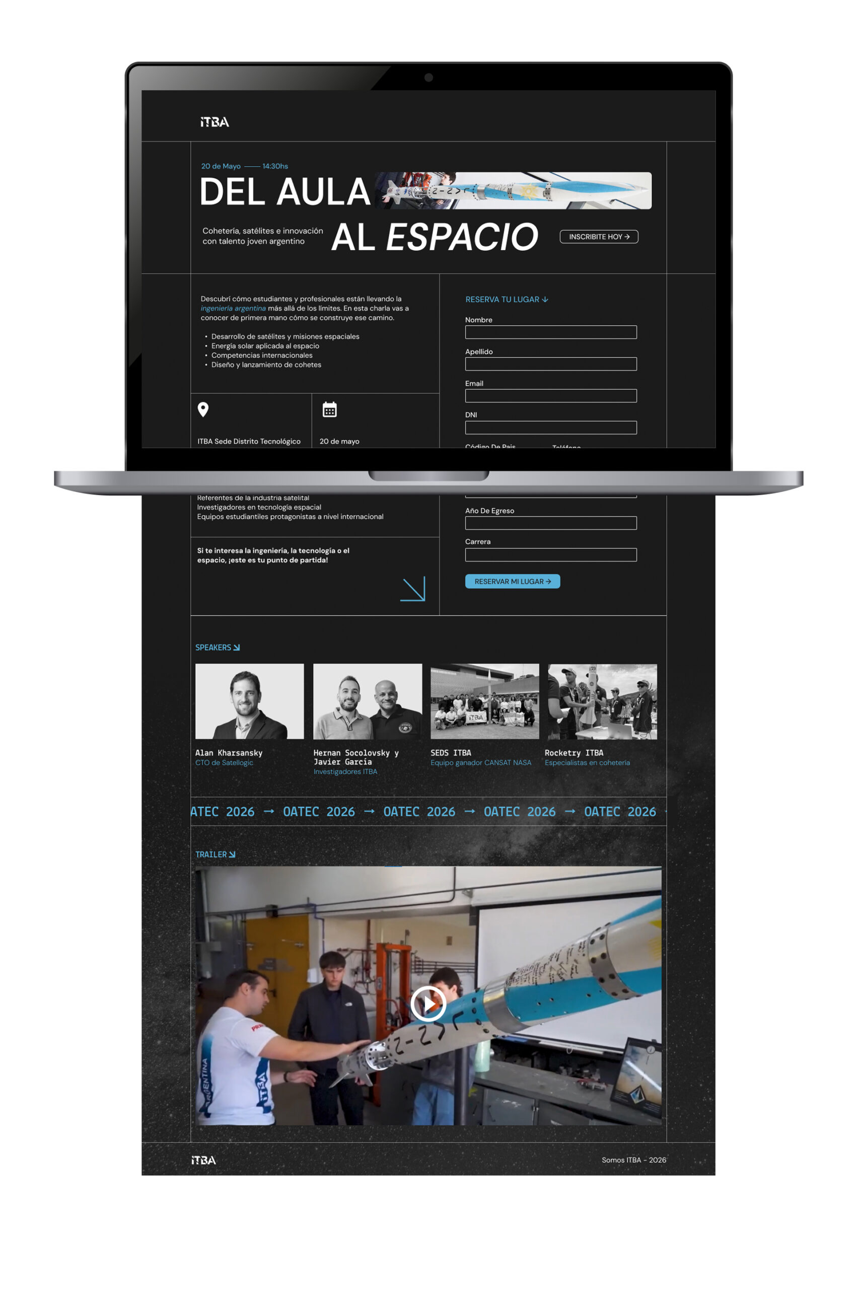 Del Aula al Espacio — full event landing page shown on a laptop