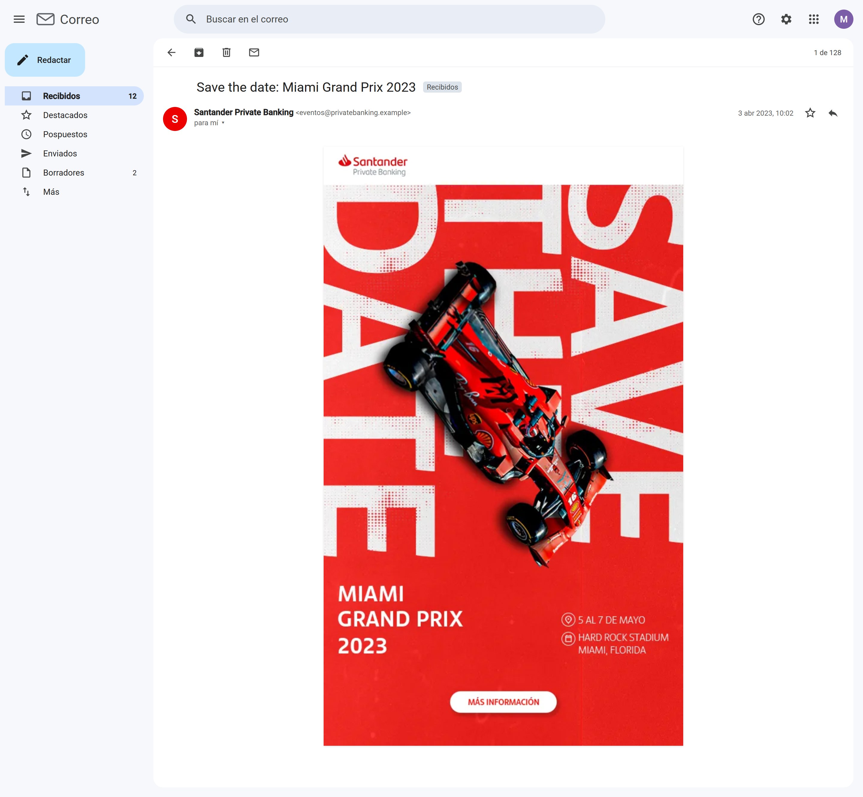 Santander — Miami Grand Prix save-the-date email, shown in an inbox